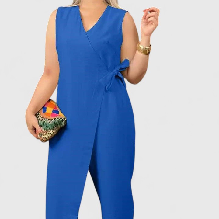 Damen Ärmelloser Jumpsuit Wickeloptik Taillengürtel