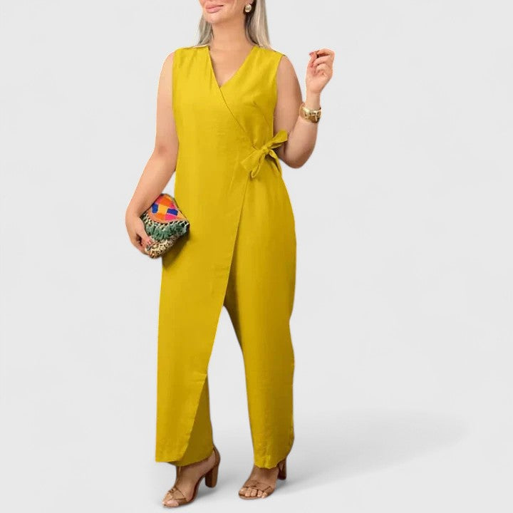 Damen Ärmelloser Jumpsuit Wickeloptik Taillengürtel