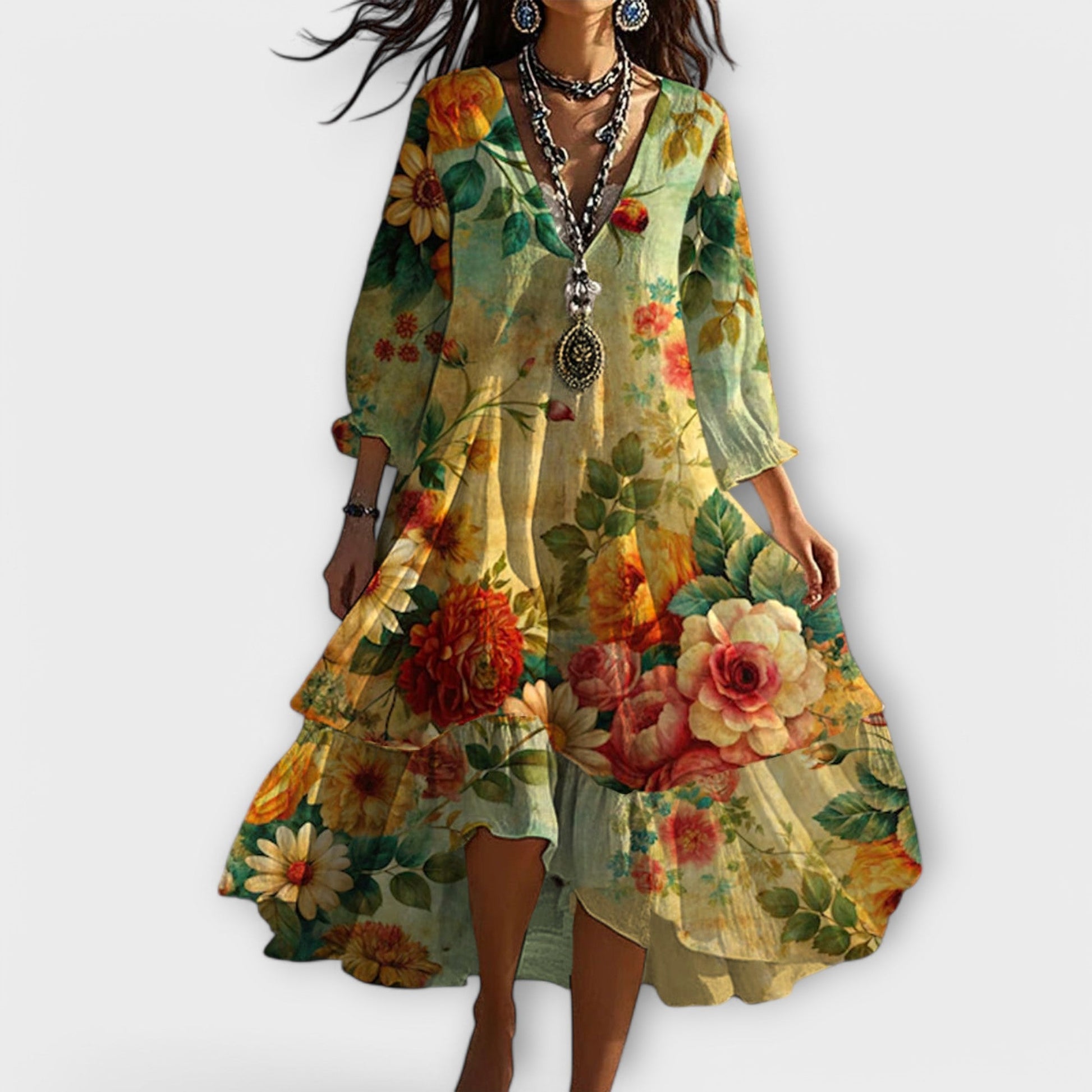 Damen Vintage Boho Sommerkleid V-Ausschnitt - Norvielle