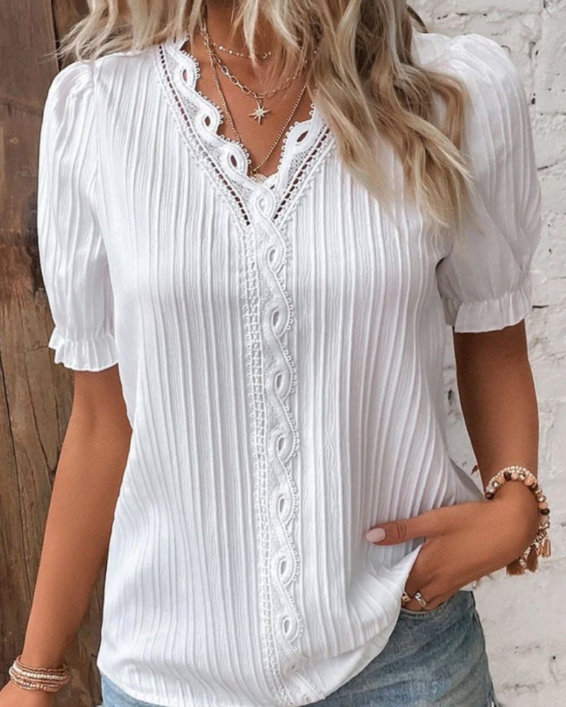 Damen Bluse V-Ausschnitt Klassisch Weiß - Norvielle