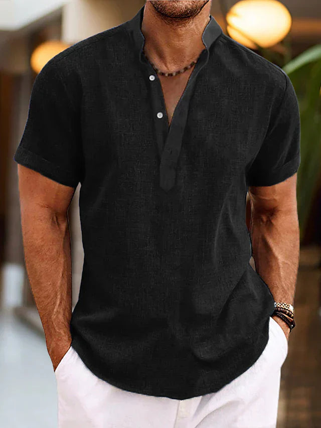 Herren Kurzarm Henley-Shirt Casual Baumwolle Weiß