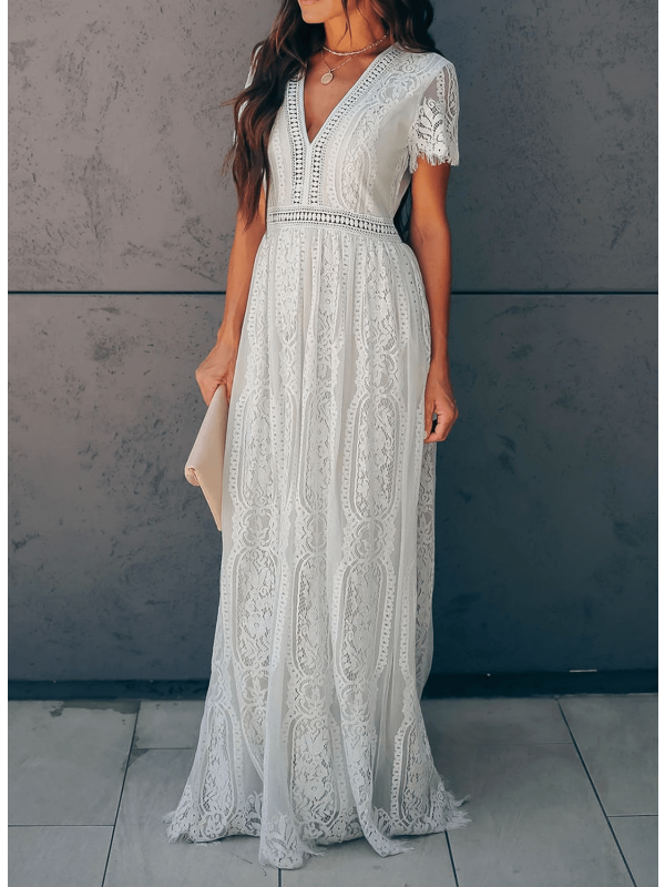 Norvielle Damen Kurzarm Maxikleid Spitze V-Ausschnitt - Norvielle