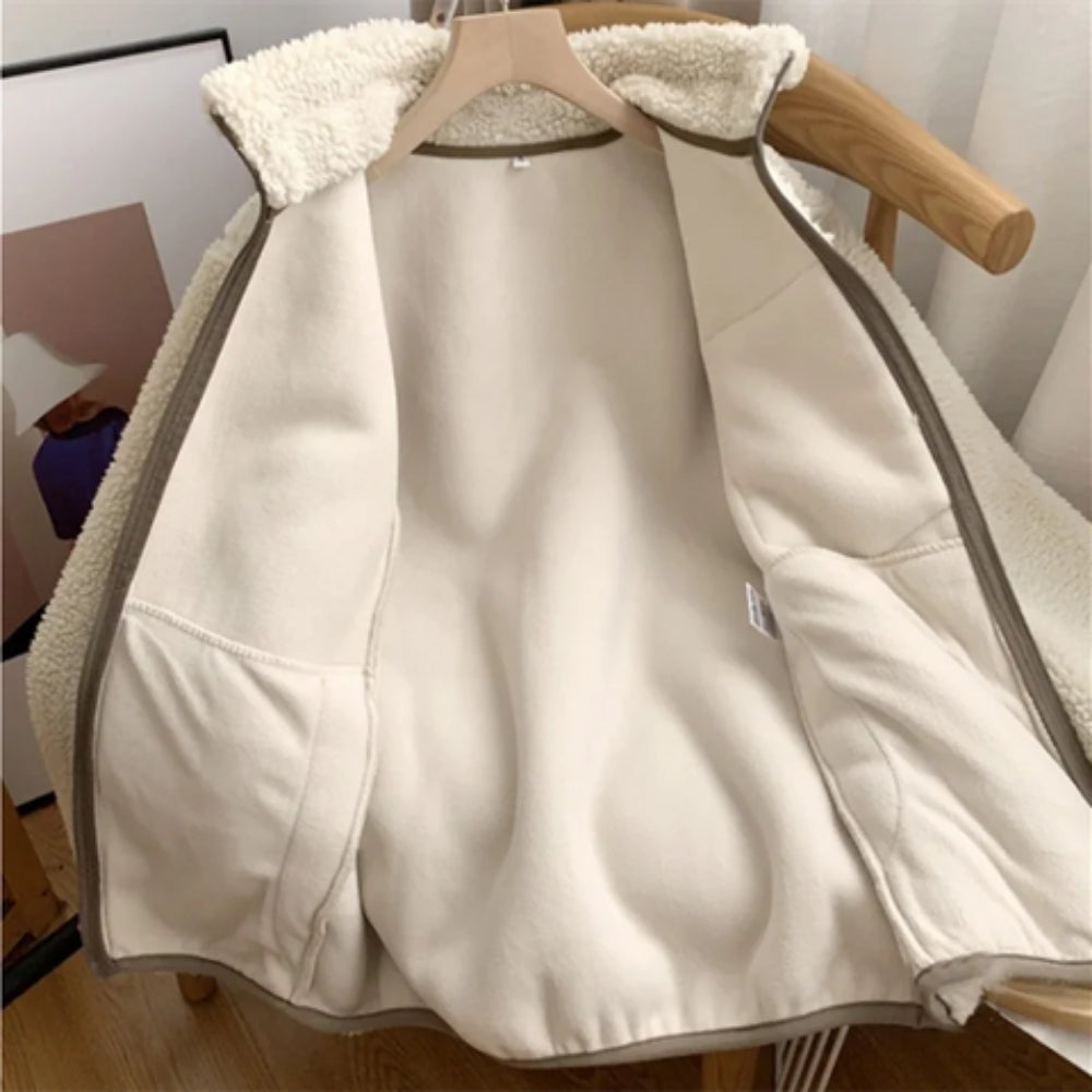 Damen Teddy-Fleece-Jacke Warm Stehkragen Beige