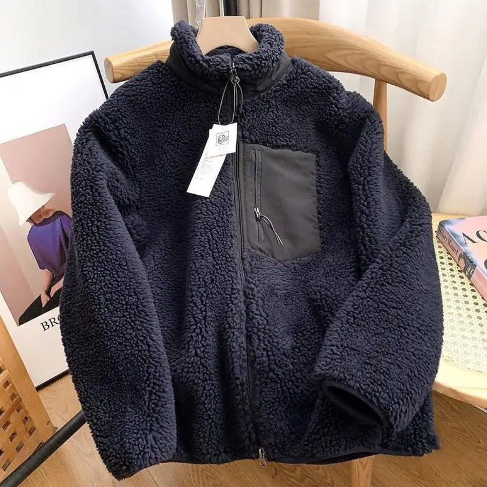 Damen Teddy-Fleece-Jacke Warm Stehkragen Beige