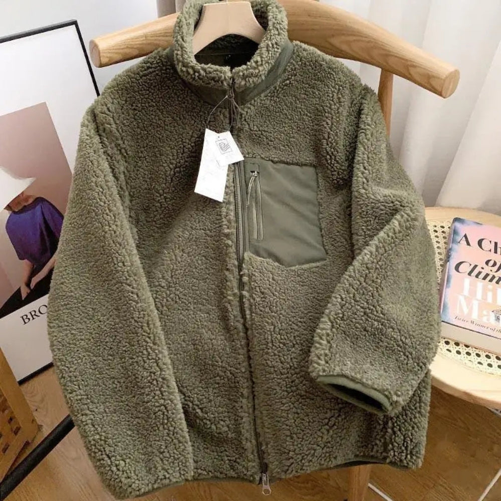 Damen Teddy-Fleece-Jacke Warm Stehkragen Beige