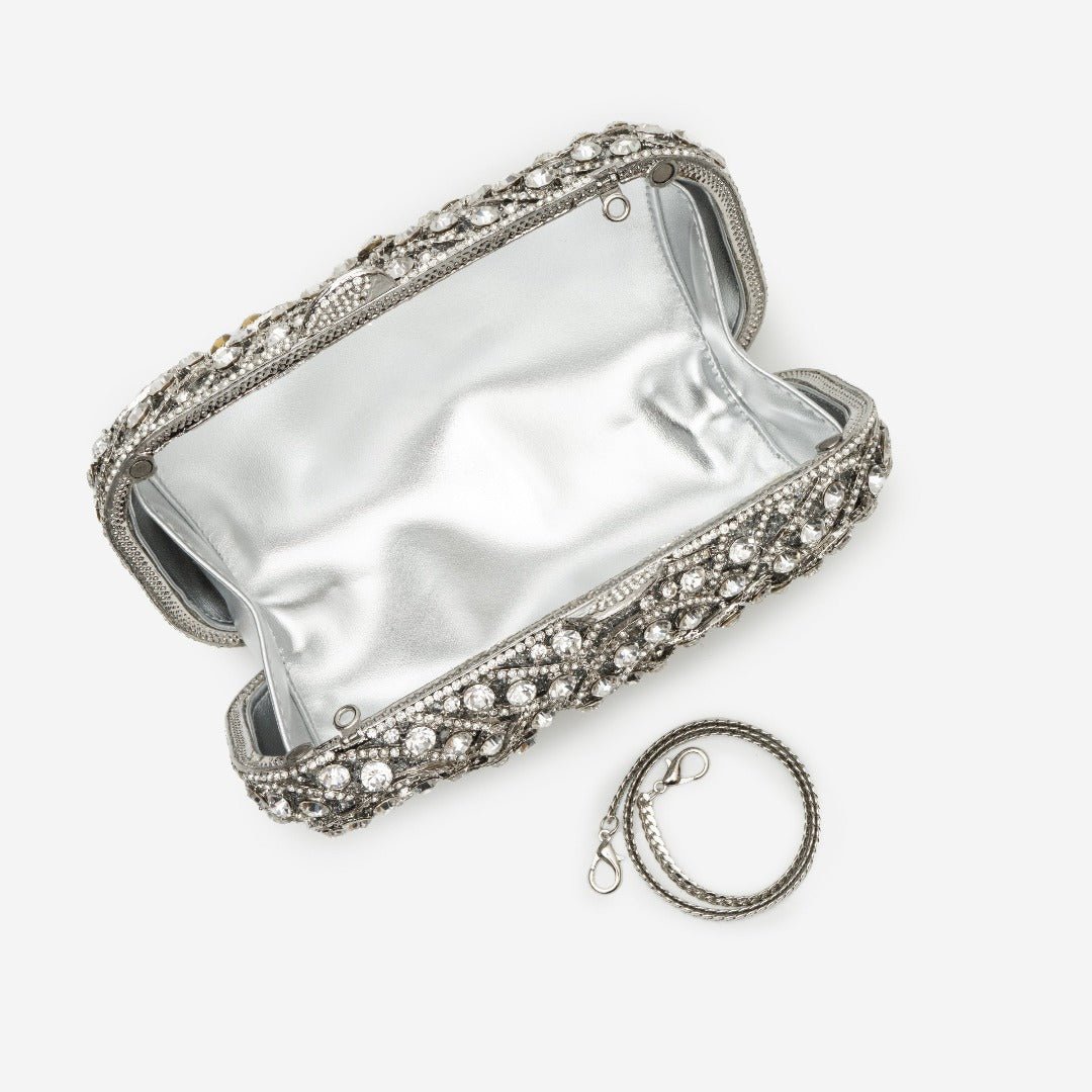 Damen Clutch Silber Kristallbesatz Glitzernd