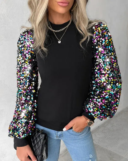Damen Bluse Rundhals Pailletten Ballonärmel