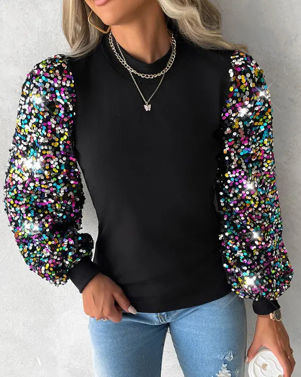 Damen Bluse Rundhals Pailletten Ballonärmel
