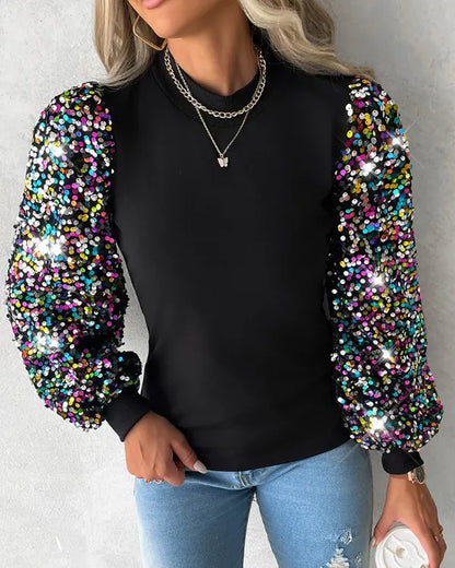 Damen Bluse Rundhals Pailletten Ballonärmel