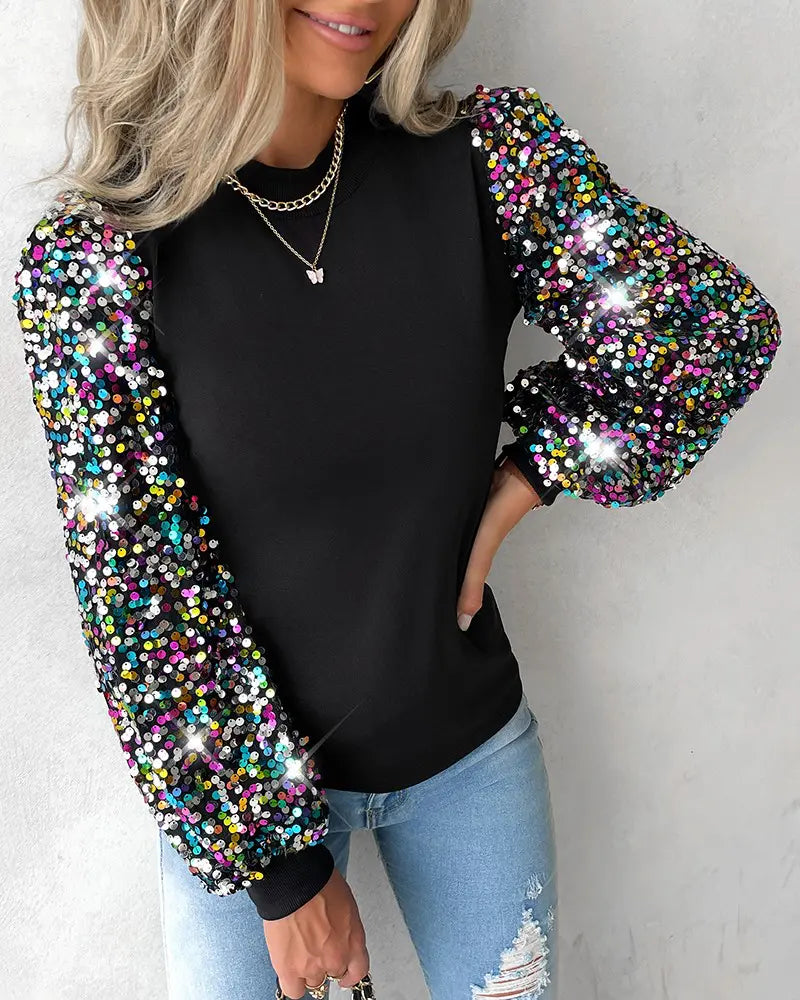 Damen Bluse Rundhals Pailletten Ballonärmel
