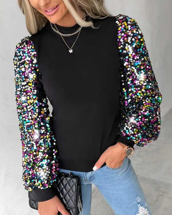 Damen Bluse Rundhals Pailletten Ballonärmel - Norvielle