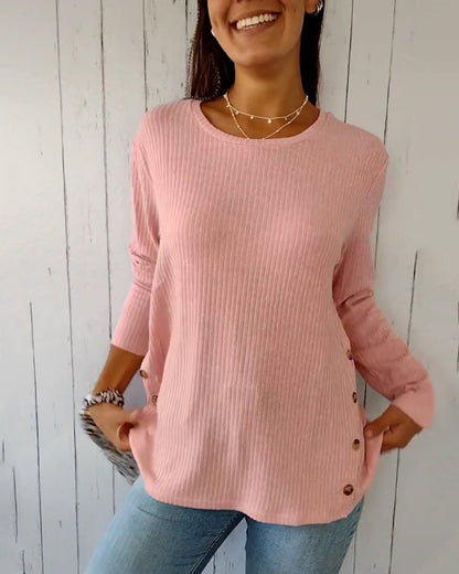 Damen Langarmshirt Rundhals Rippstrick Weich Beige