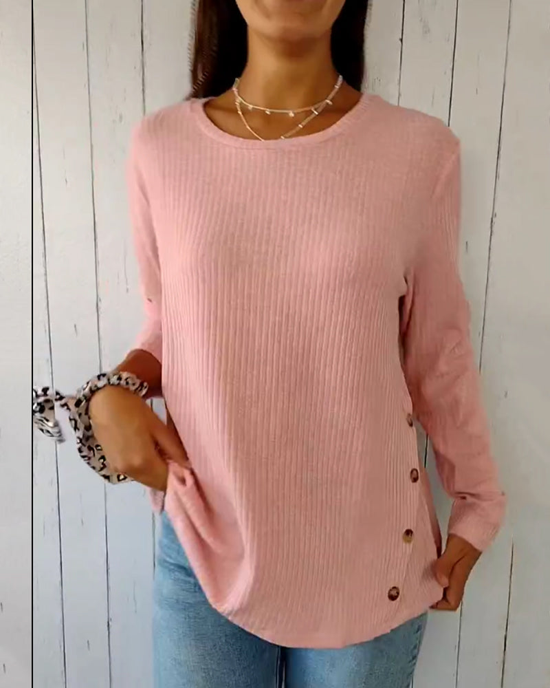 Damen Langarmshirt Rundhals Rippstrick Weich Beige