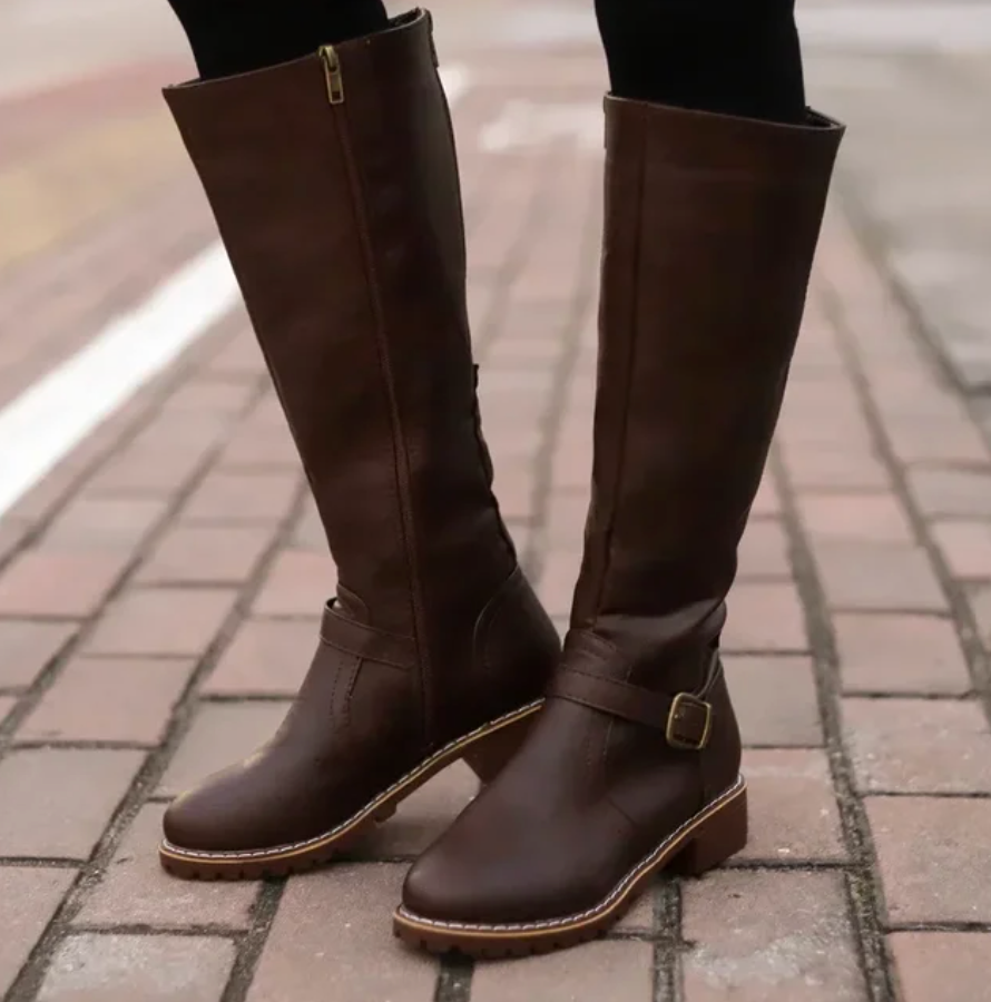 Damen Knee High Stiefel Schnallenriemen Niedriger Blockabsatz