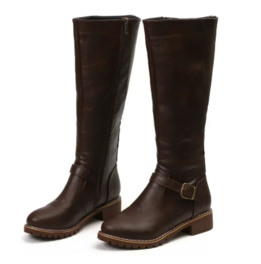 Damen Knee High Stiefel Schnallenriemen Niedriger Blockabsatz