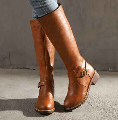 Damen Knee High Stiefel Schnallenriemen Niedriger Blockabsatz Schwarz - Norvielle