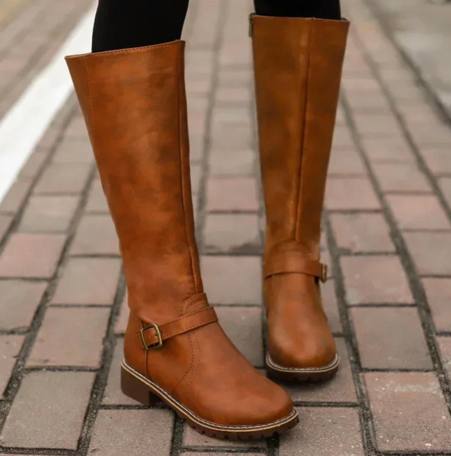 Damen Knee High Stiefel Schnallenriemen Niedriger Blockabsatz