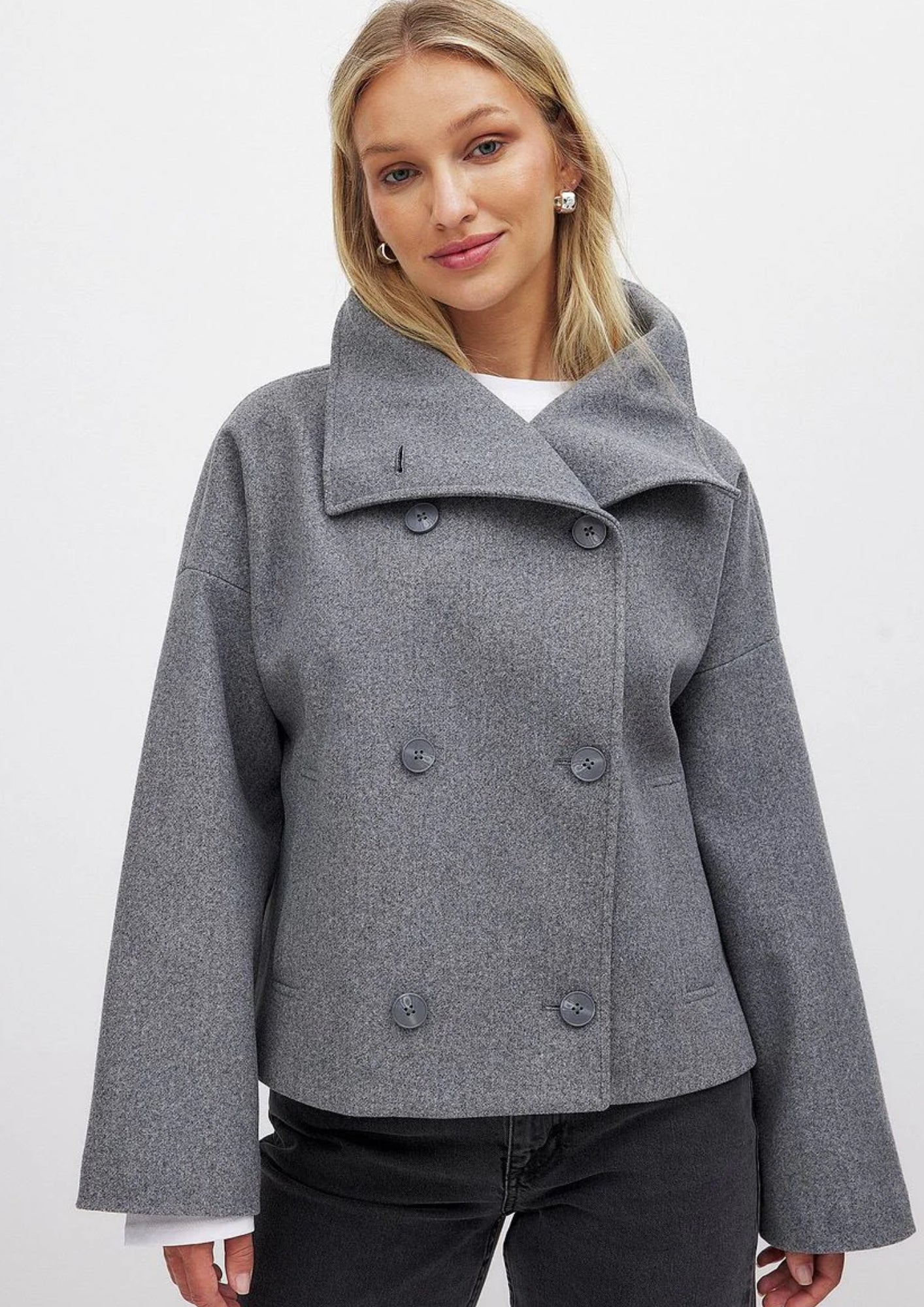 Damen Übergangsjacke Breites Revers Kurz Schwarz - Norvielle
