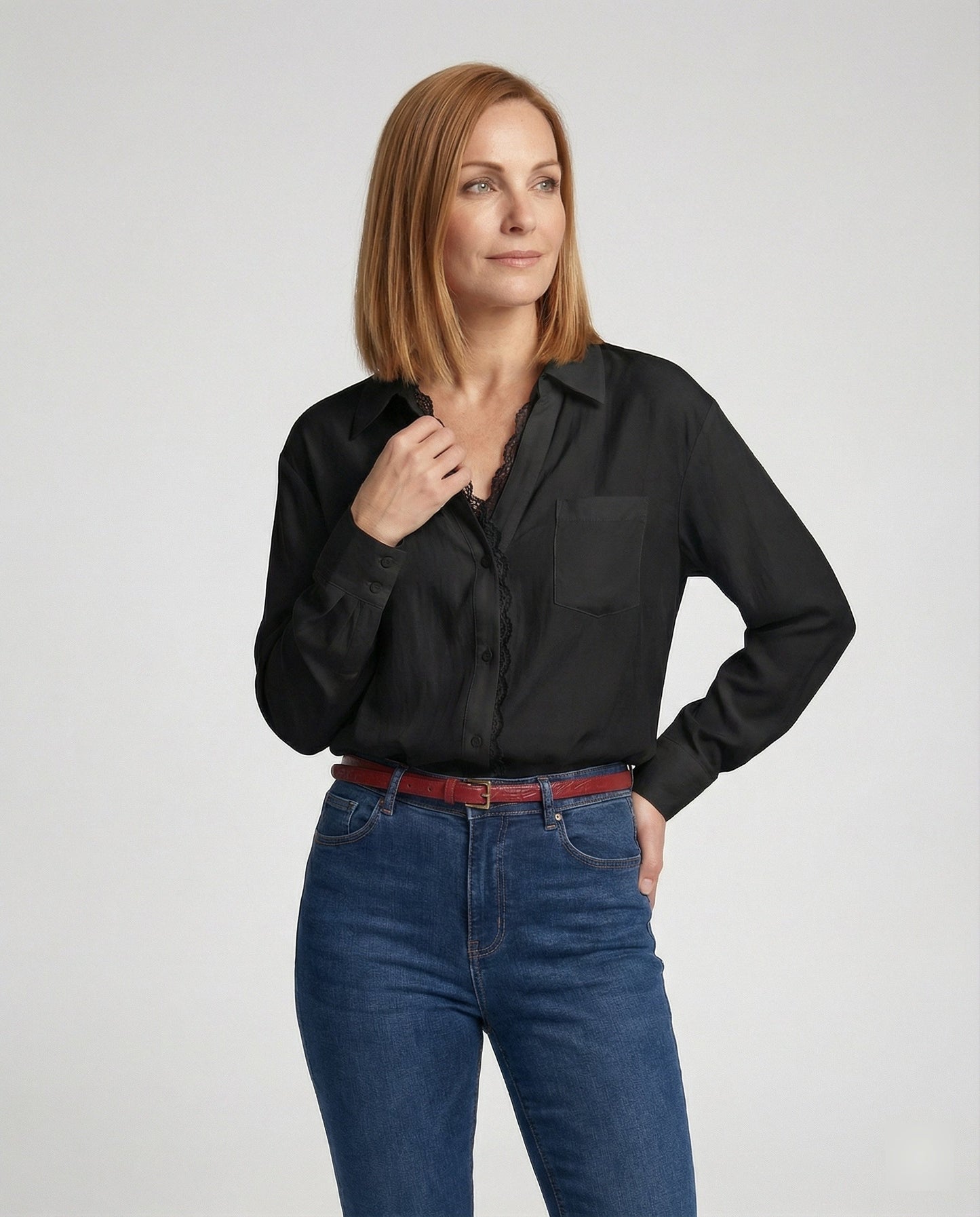 Damen Bluse Spitzenakzent Weiß