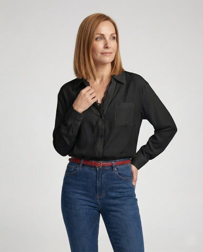 Damen Bluse Spitzenakzent Weiß