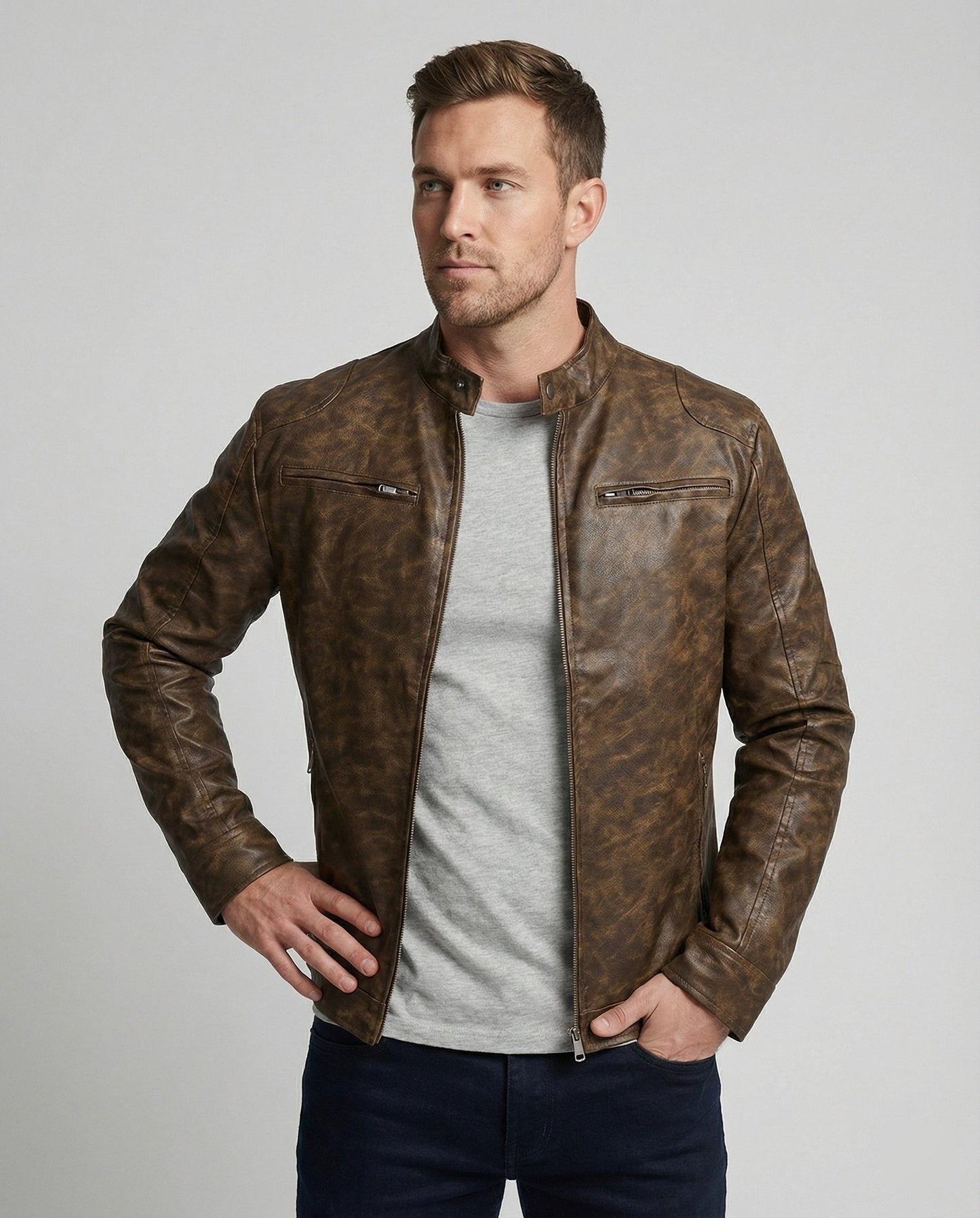 Herren Lederjacke Asymmetrisch Vintage Stil - Norvielle