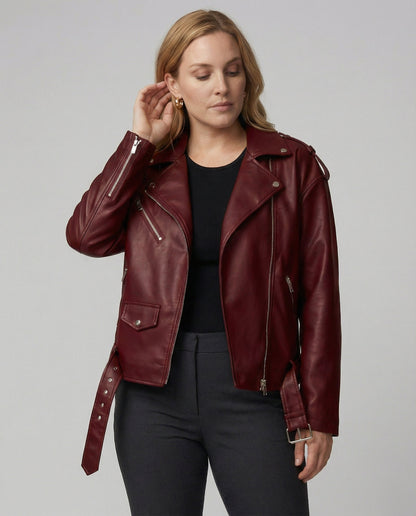 Damen Lederjacke Bikerstil Reißverschluss Schwarz - Norvielle