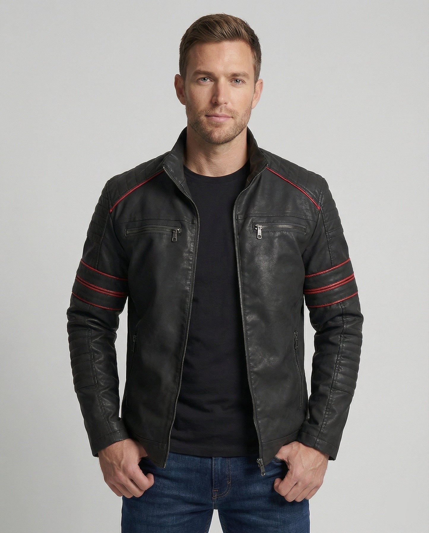 Herren Lederjacke Biker-Style mit Steppung