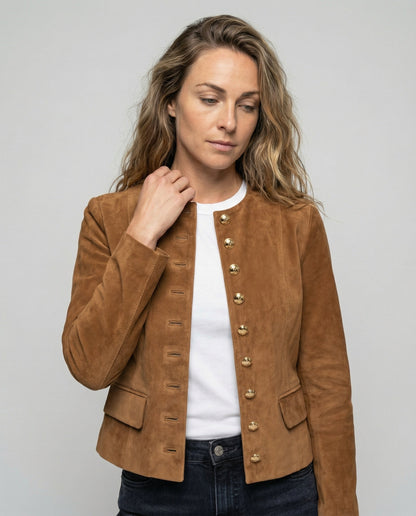 Damen Wildlederjacke Goldknöpfe Braun - Norvielle