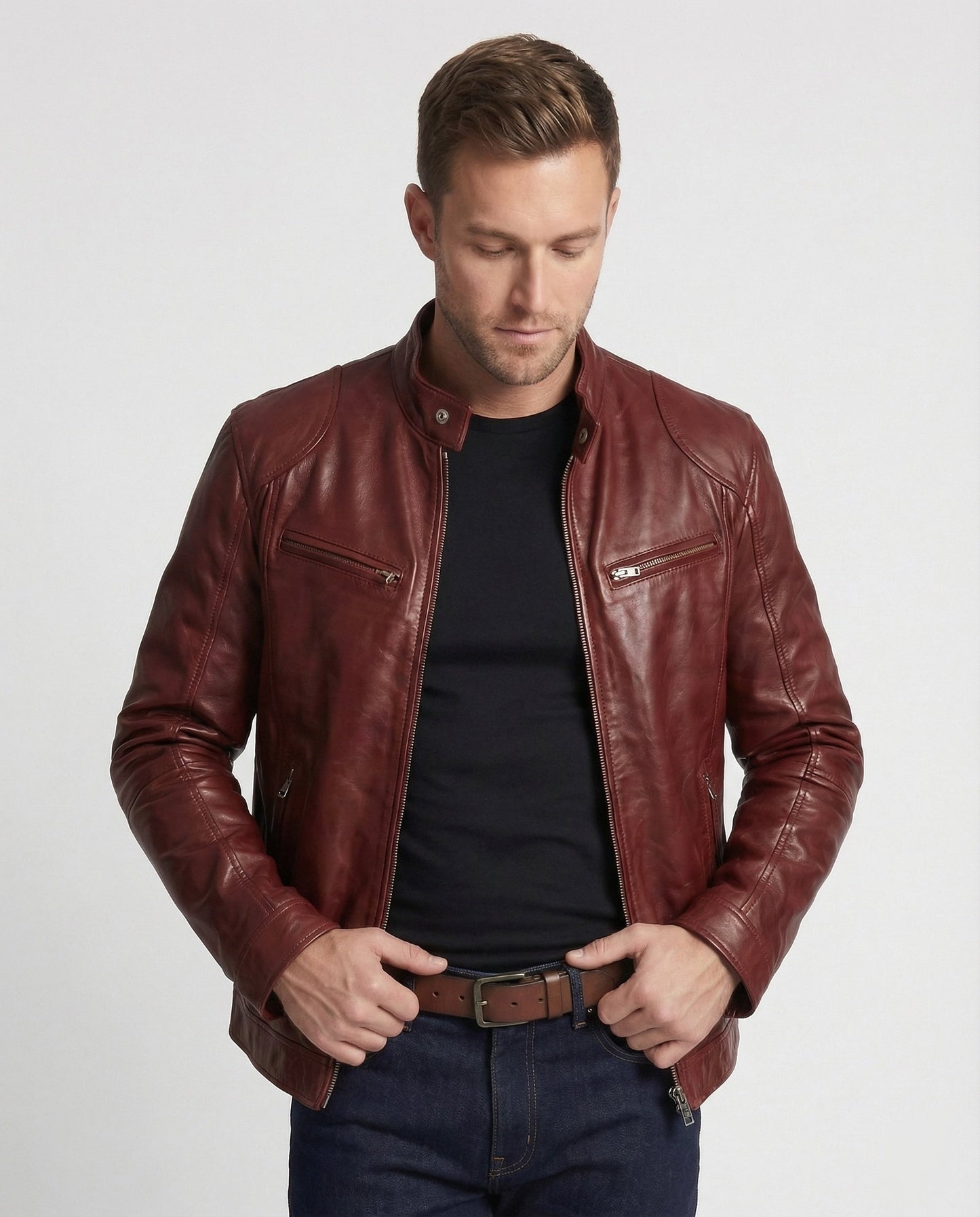 Herren Lederblouson Motorrad Ledermantel