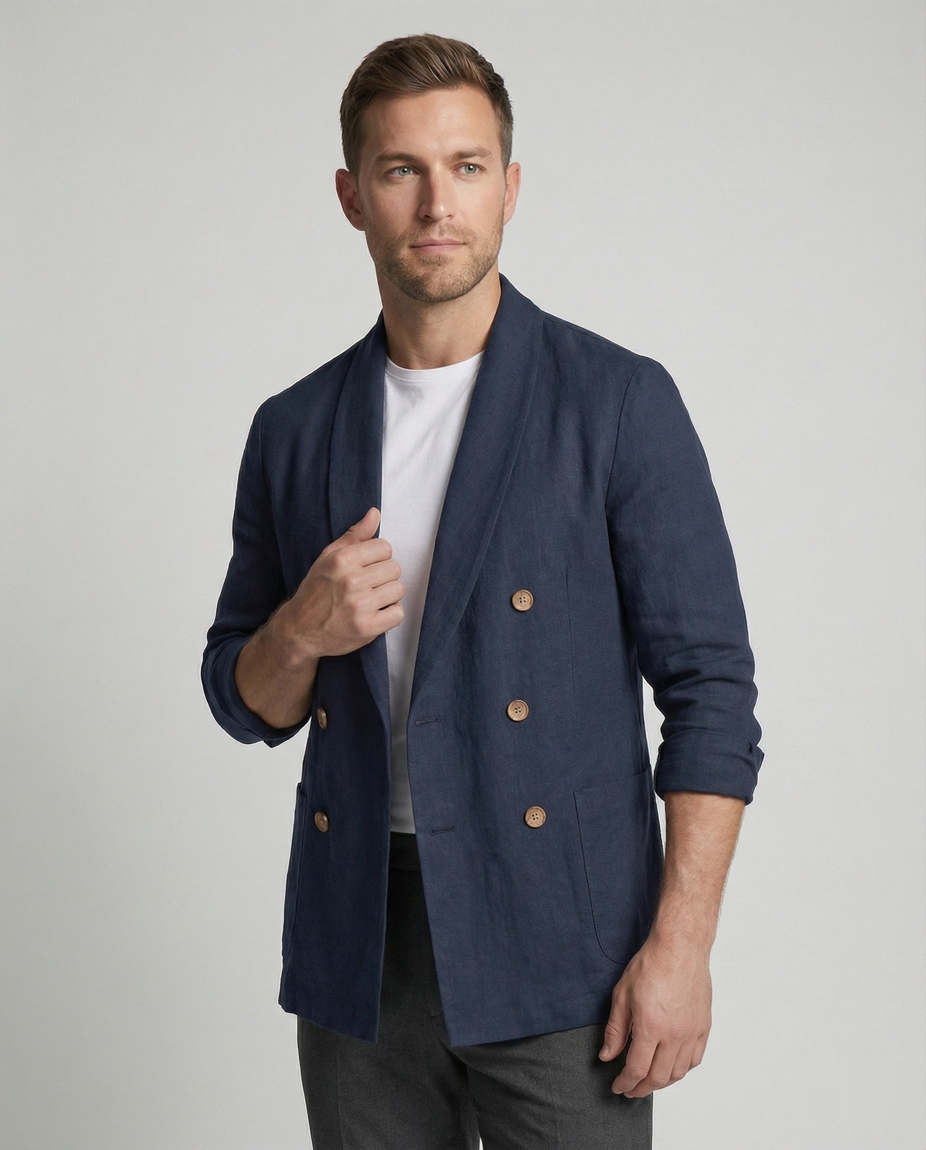 Herren Leinenjacke Leicht Doppelknopf Beige - Norvielle