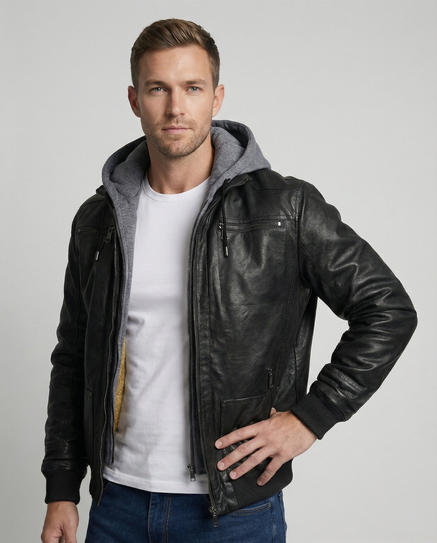 Herren Lederjacke Mit Kapuze Schwarz - Norvielle