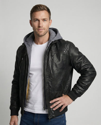 Herren Lederjacke Mit Kapuze Schwarz - Norvielle