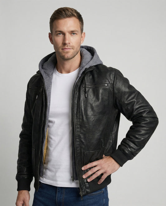 Herren Lederjacke Mit Kapuze Schwarz - Norvielle