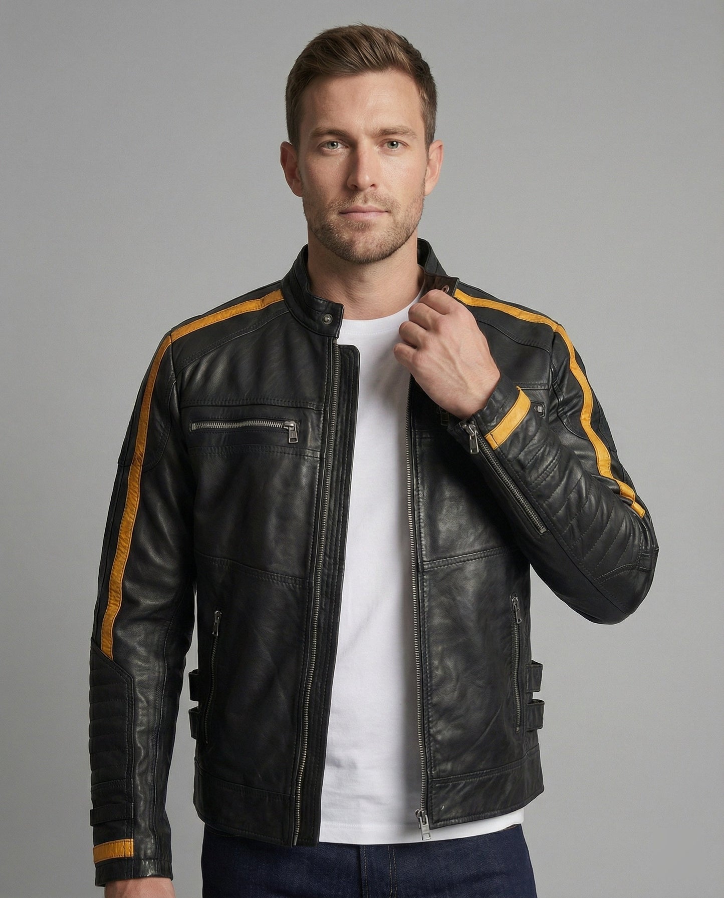 Herren Lederjacke Stehkragen Motorrad