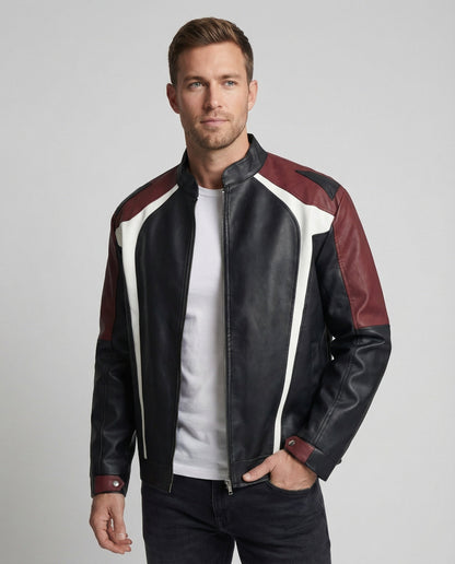 Herren Lederjacke Stehkragen Panelleder