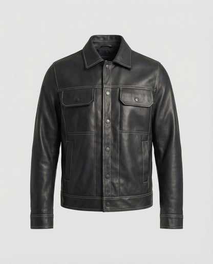 Herren Overshirt Lederjacke Optik Schwarz - Norvielle
