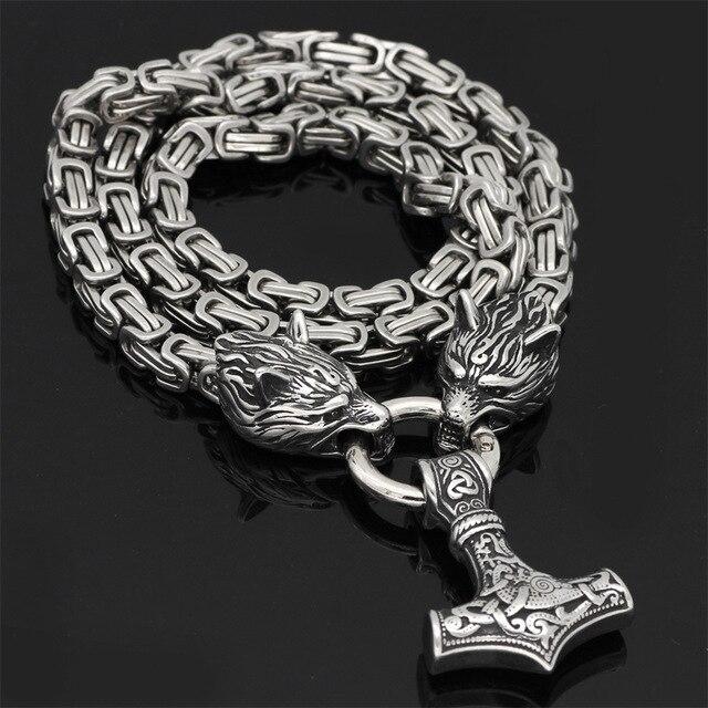 Edelstahl Halskette Mjolnir Wolfskopf 60-90cm