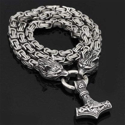 Edelstahl Halskette Mjolnir Wolfskopf 60-90cm