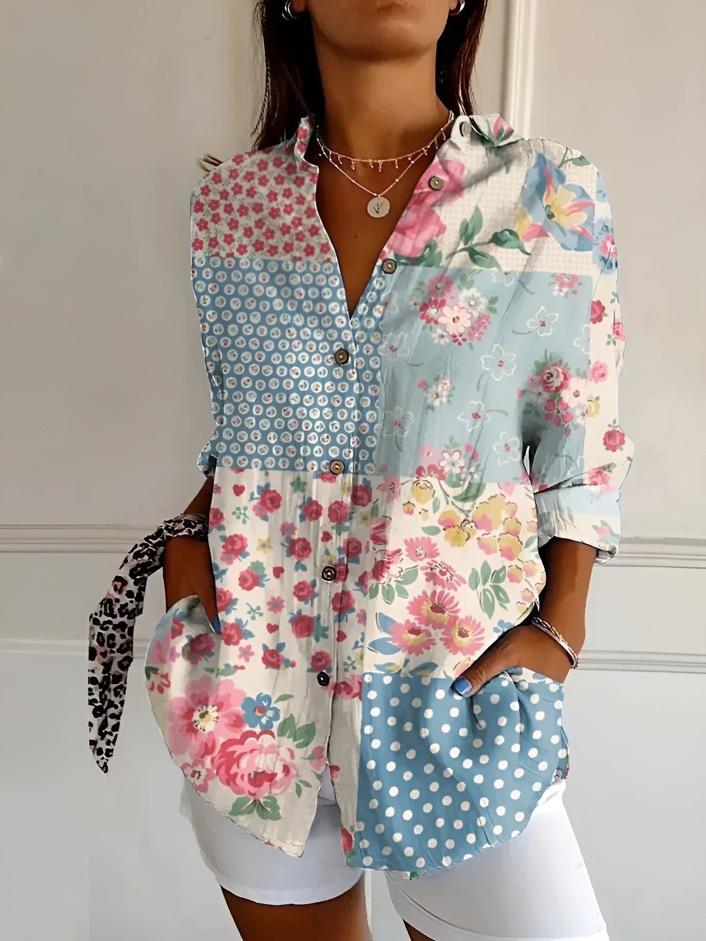 Damen Sommerbluse mit Print und Knöpfen