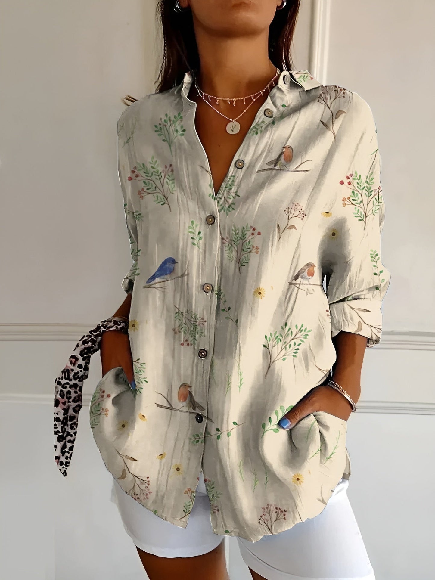 Damen Sommerbluse mit Print und Knöpfen