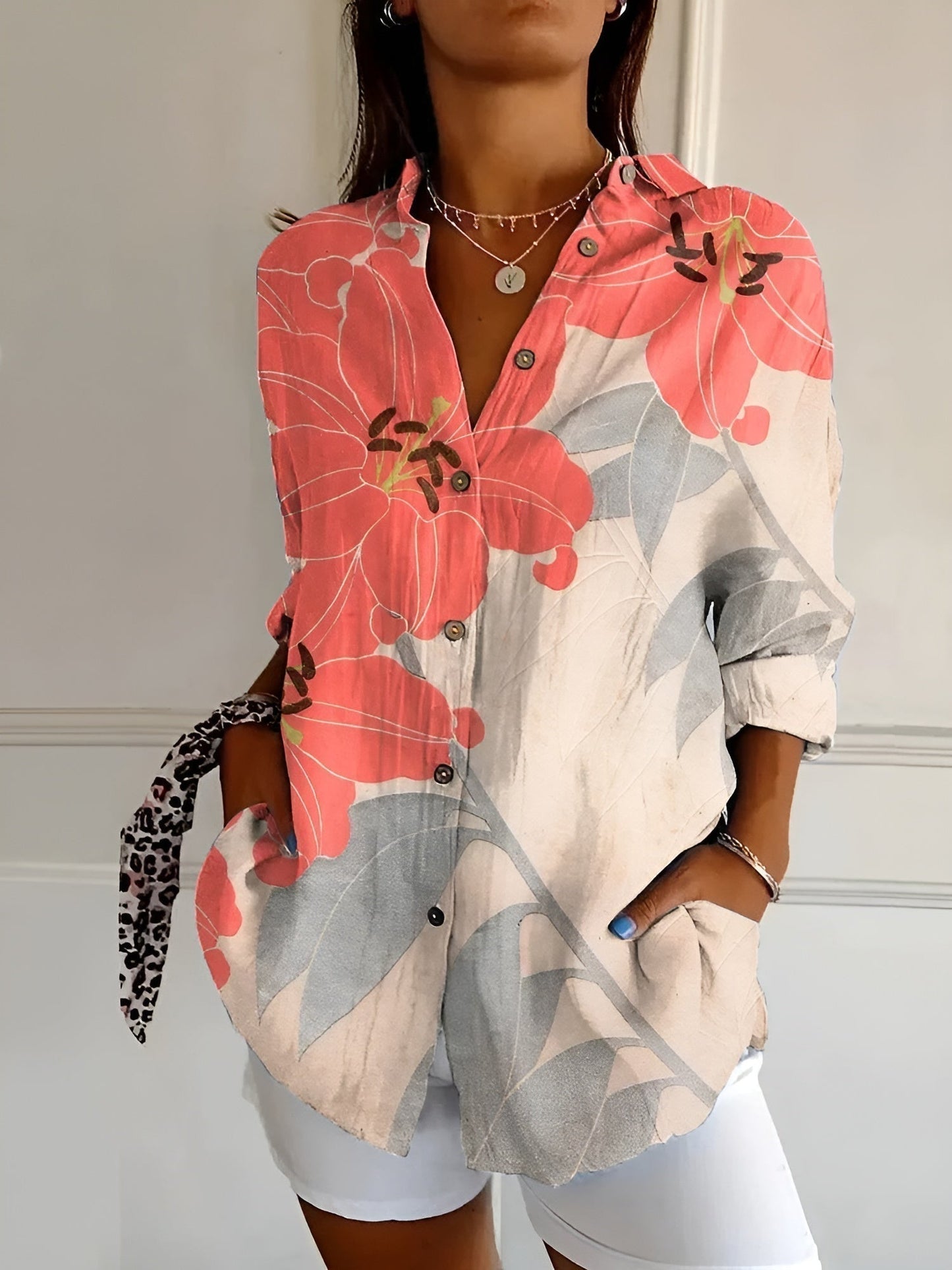 Damen Sommerbluse mit Print und Knöpfen