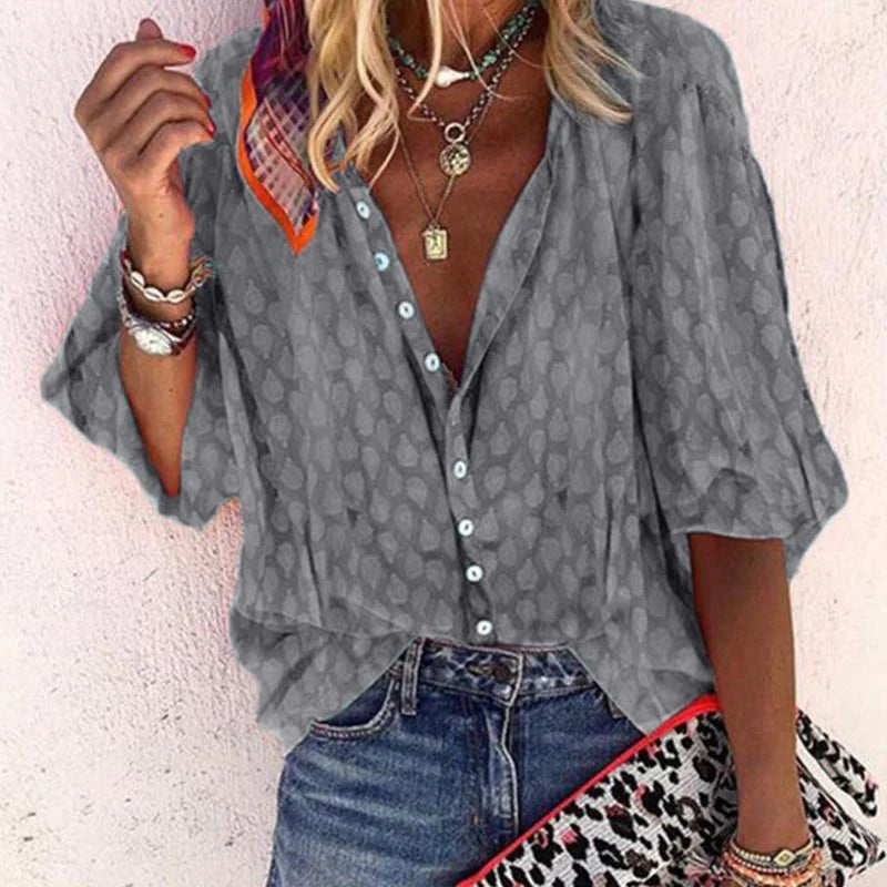 Damen Bluse Bedruckt Knopfleiste Freizeit