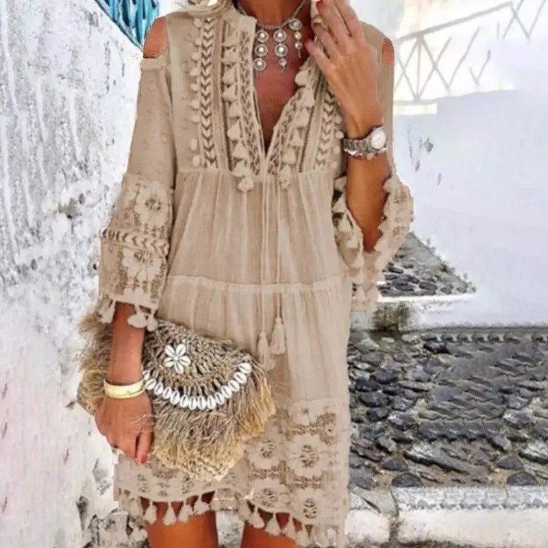 Norvielle Damen Boho Mini Kleid Spitze - Norvielle