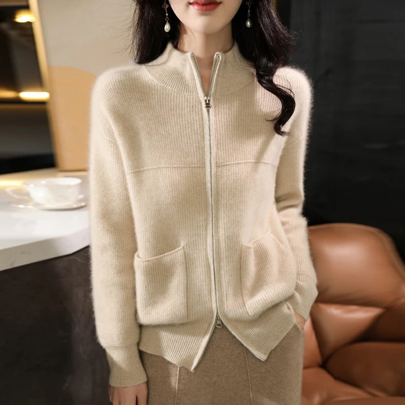 Norvielle Damen Strickjacke Wolle Reißverschluss Stehkragen - Norvielle