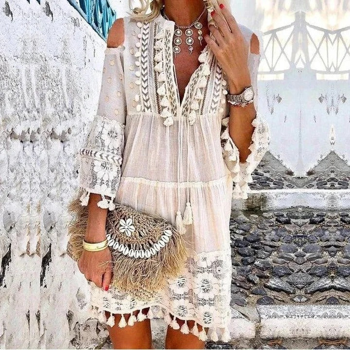 Norvielle Damen Boho Mini Kleid Spitze