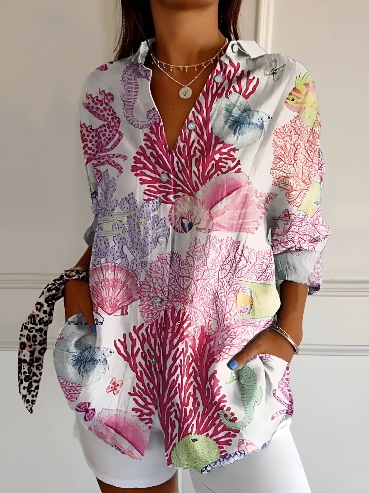 Damen Sommerbluse mit Print und Knöpfen Blau - Norvielle