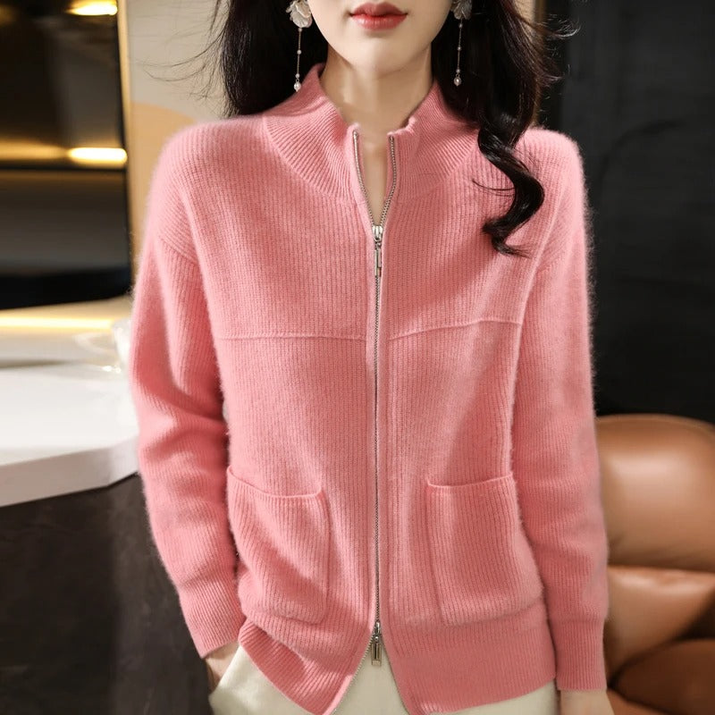 Norvielle Damen Strickjacke Wolle Reißverschluss Stehkragen