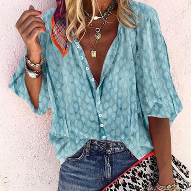 Damen Bluse Bedruckt Knopfleiste Freizeit - Norvielle