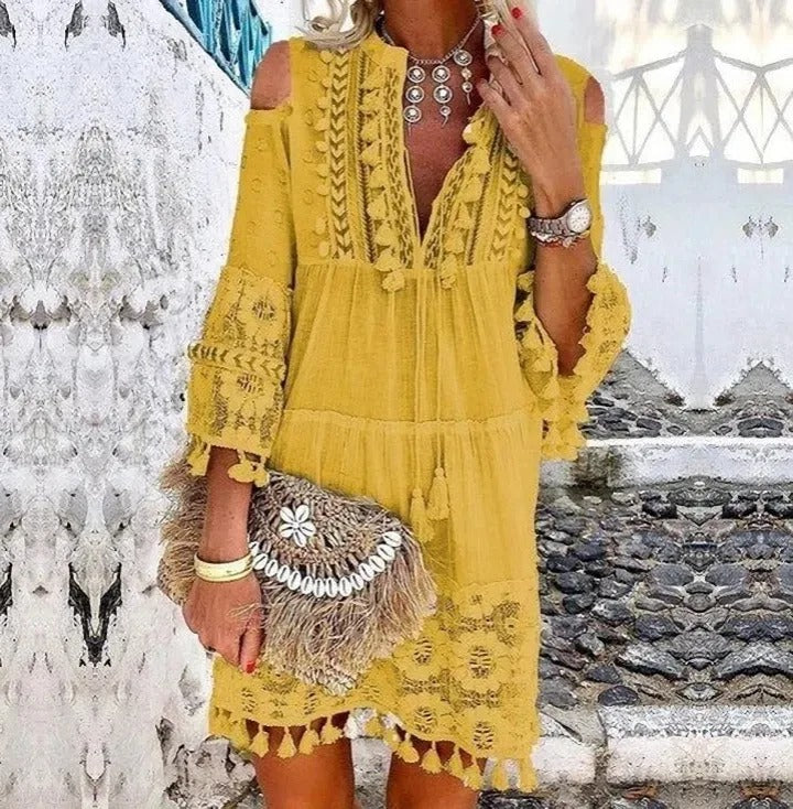 Norvielle Damen Boho Mini Kleid Spitze