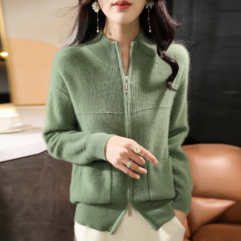 Norvielle Damen Strickjacke Wolle Reißverschluss Stehkragen
